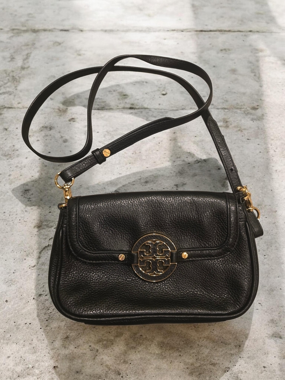 Tory Burch Black Pebbled Leather Flap Crossbody with Gold Logo